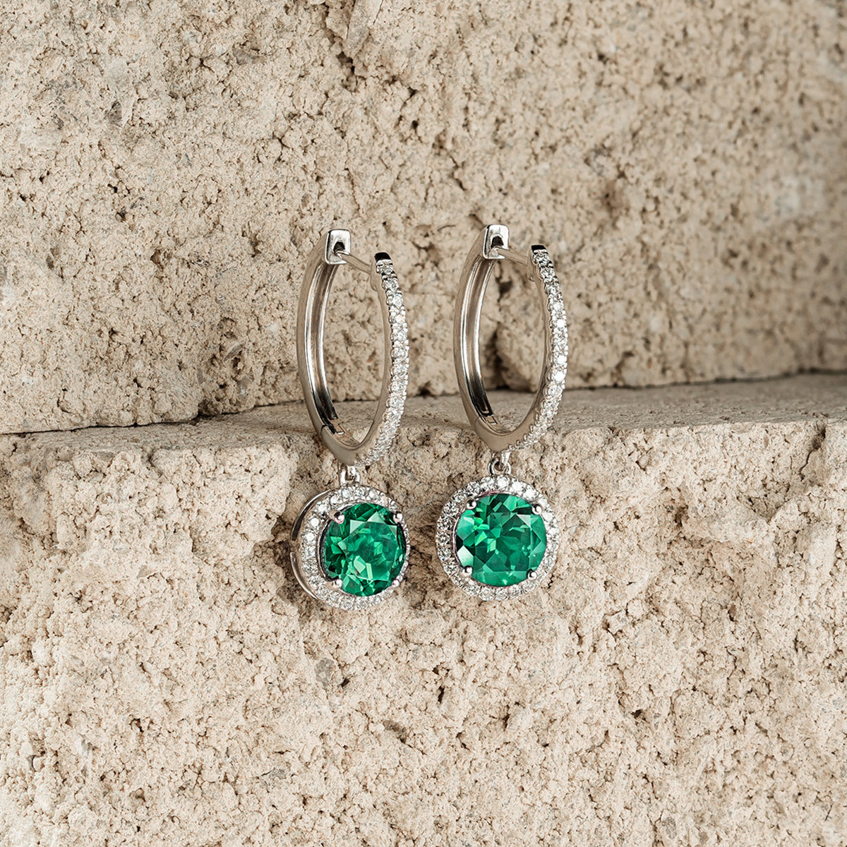 Astra 4.70ct Lab Emerald and Diamond Drop Halo Round Cut Earrings in Silver